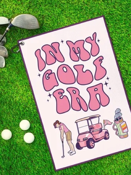 In My Golf Era White Pink Towel Funny Golf Bag Accessory With Clip Retro Design